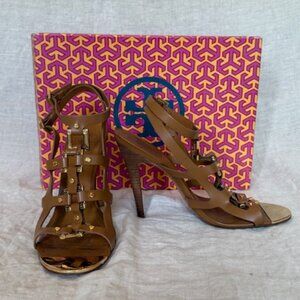 TORY BURCH Francesca Leather Royal Tan Gladiator Heels 8M